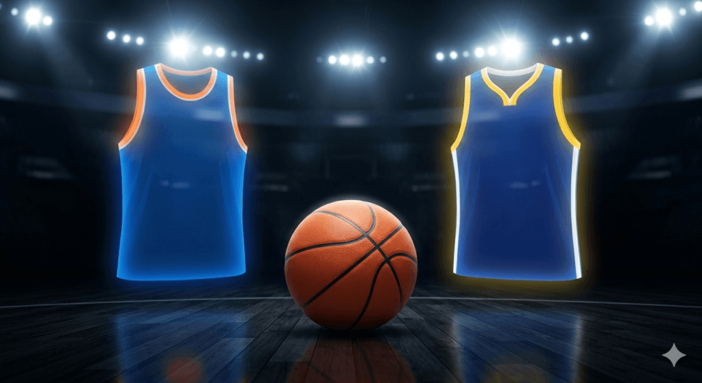 NBA Live Updates Knicks vs Warriors: A conceptual artistic representation of a high-stakes basketball rivalry under stadium lights.